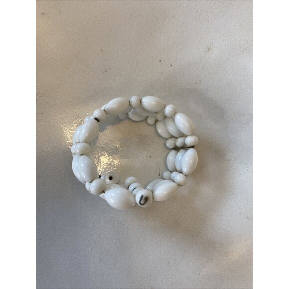 Vintage BEADED Open Cuff Bracelet White MILK Glass Beaded Wire Cuff Stretch - Picture 6 of 10